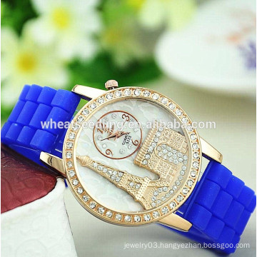 2014 Newest arrival rubber band diamante dial eiffel tower watch